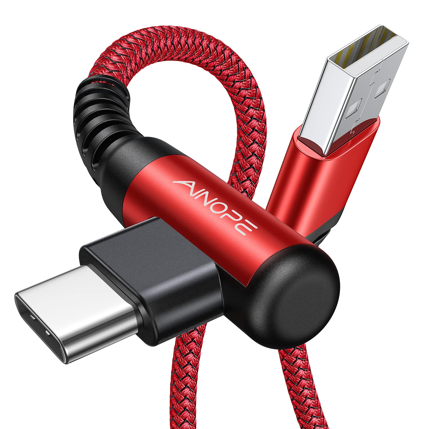 AINOPE USB Type C Cable 3.1A Fast Charger (2-Pack, 10ft+10ft) Right Angle USB A to USB C Cable, Resistant Nylon Braided USB C Charger Cable (Red)