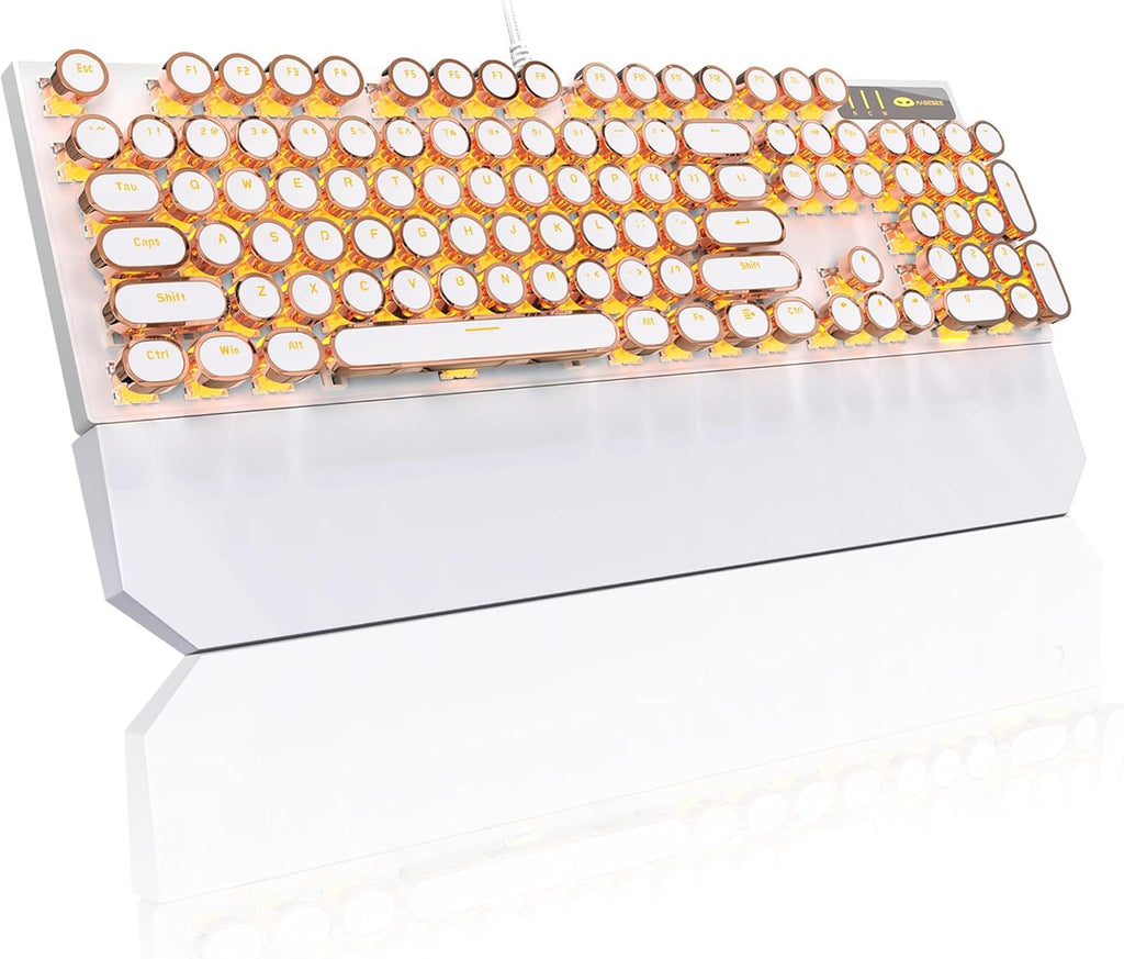 MageGee Typewriter Mechanical Gaming Keyboard, Retro Gold Punk Round Keycaps LED Backlit Wired Keyboards for Laptop MAC PC Gamer, with Magnetic Wrist Rest - Blue Switch