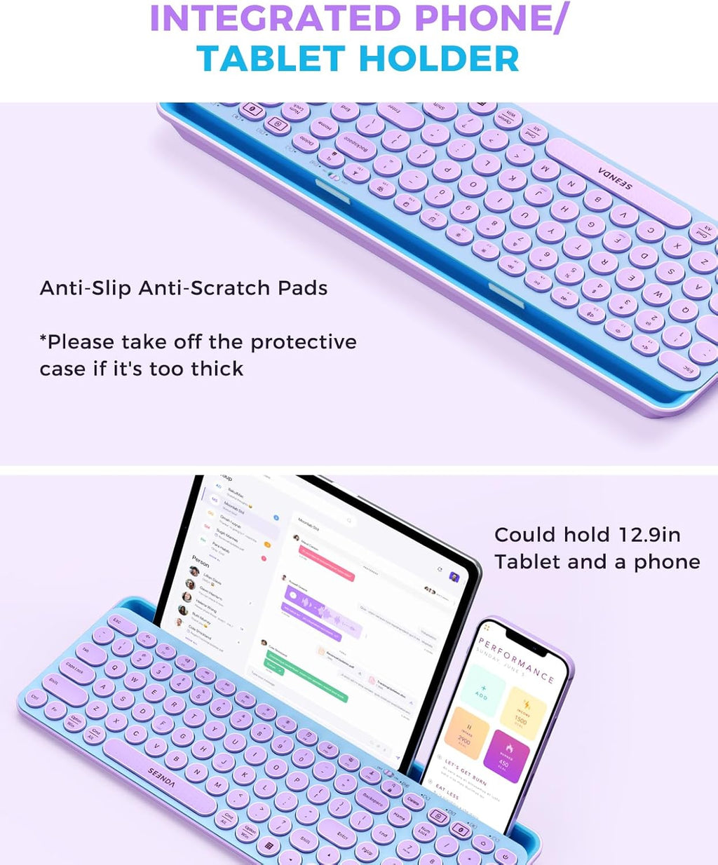 seenda Bluetooth Keyboard and Mouse for iPad, CTU-301 Multi-Device Bluetooth + 2.4G Wireless Keyboard Mouse with Tablet Holder for MacBook/Windows Computer, iOS/Andriod Tablet Phone, Blue & Purple