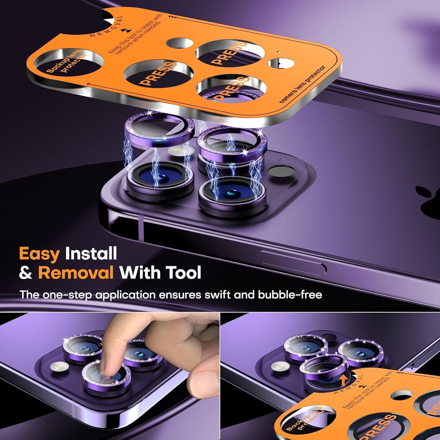 Camera Lens Protector for iPhone 16 Pro Max/16 Pro/15 Pro Max/15 Pro/14 Pro Max/14 Pro, Sapphire Glass Metal Individual Camera Cover Screen, Anti-drop, Case Friendly- Glitter Deep Purple