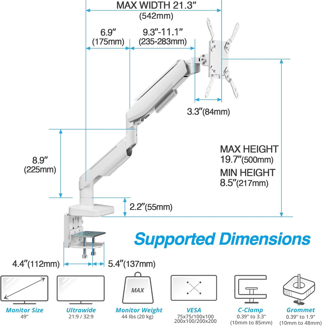AVLT RGB Lights Single 17”-49” Gaming Monitor Arm Desk Mount, Fits One Flat/Curved/Ultrawide Screen up to 44lbs(20kg), Height Swivel Tilt Adjustable Stand - White