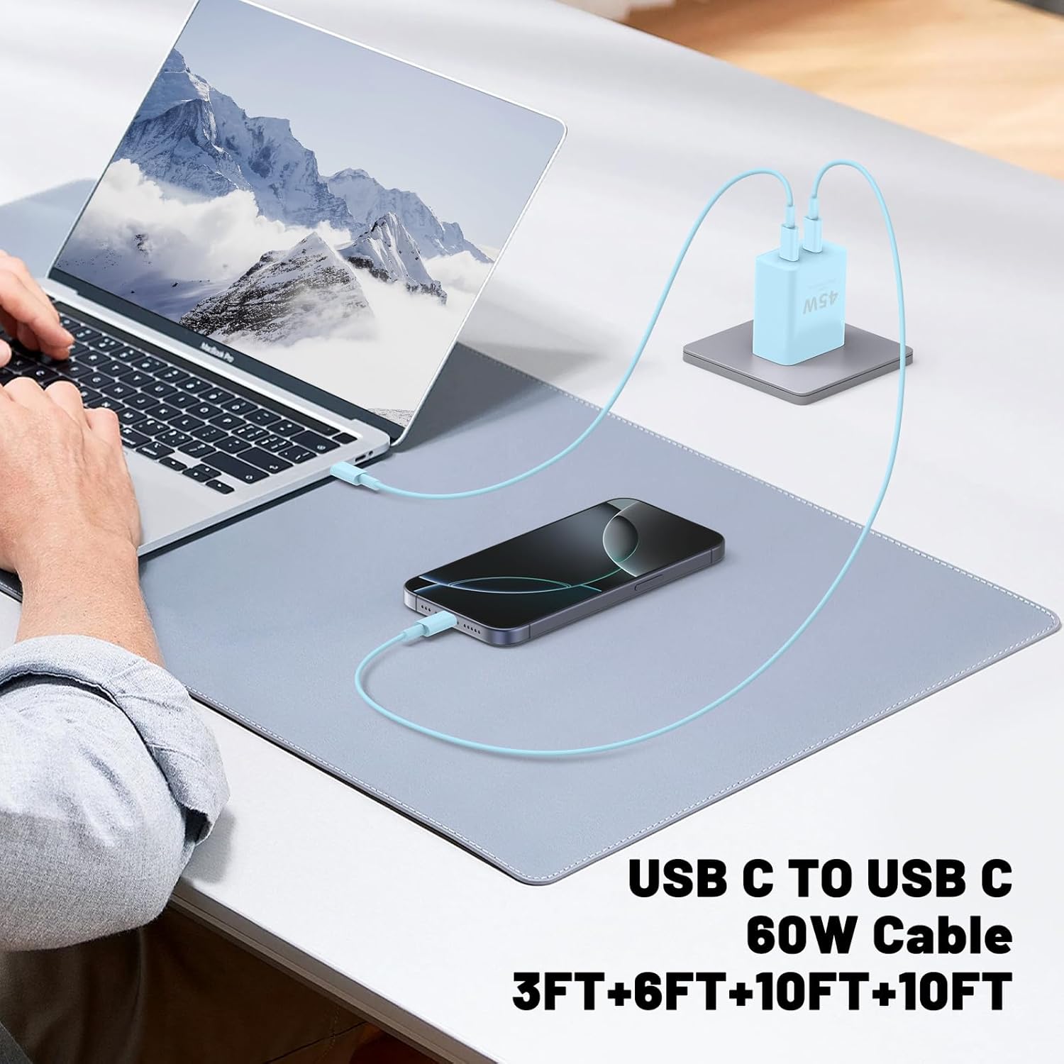 iPhone 16 15 Pro Max Charger Fast Charging,45W Dual Port USB C Fast Charger Block [2-Pack] & Extra Long 60W 3/6/10/10FT USB C Cable - PD Quick Adapter 3.0 for iPhone 16 15/16 15Pro/16 15 Plus.
