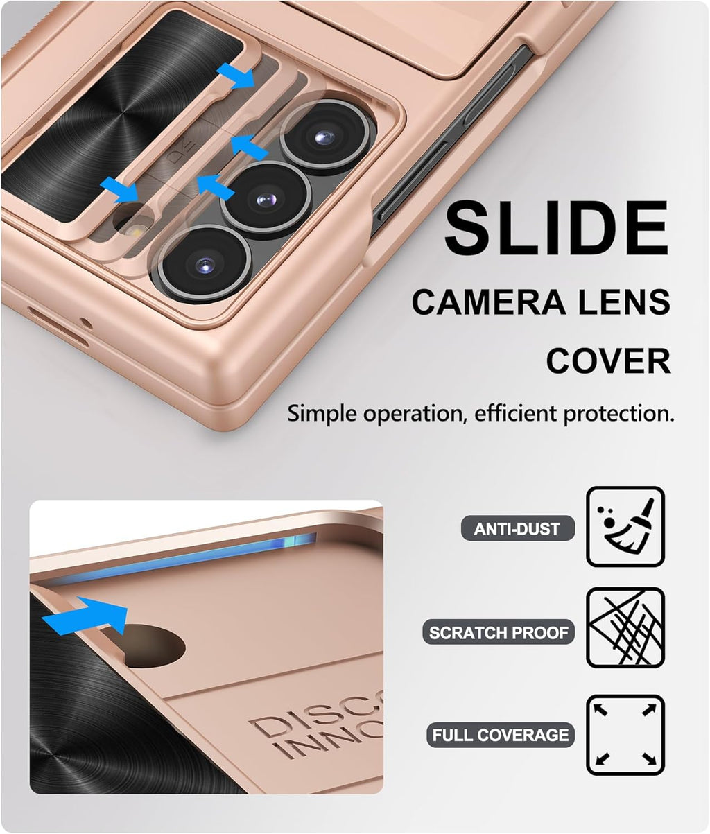 for Samsung Galaxy Z Fold 6 Case with Card Holder & Hinge Protection & Screen Protector, Built-in Camera Lens Cover, Rugged Shockproof Phone Cover Case for Samsung Z Fold 6 5G 2024, Rose Gold