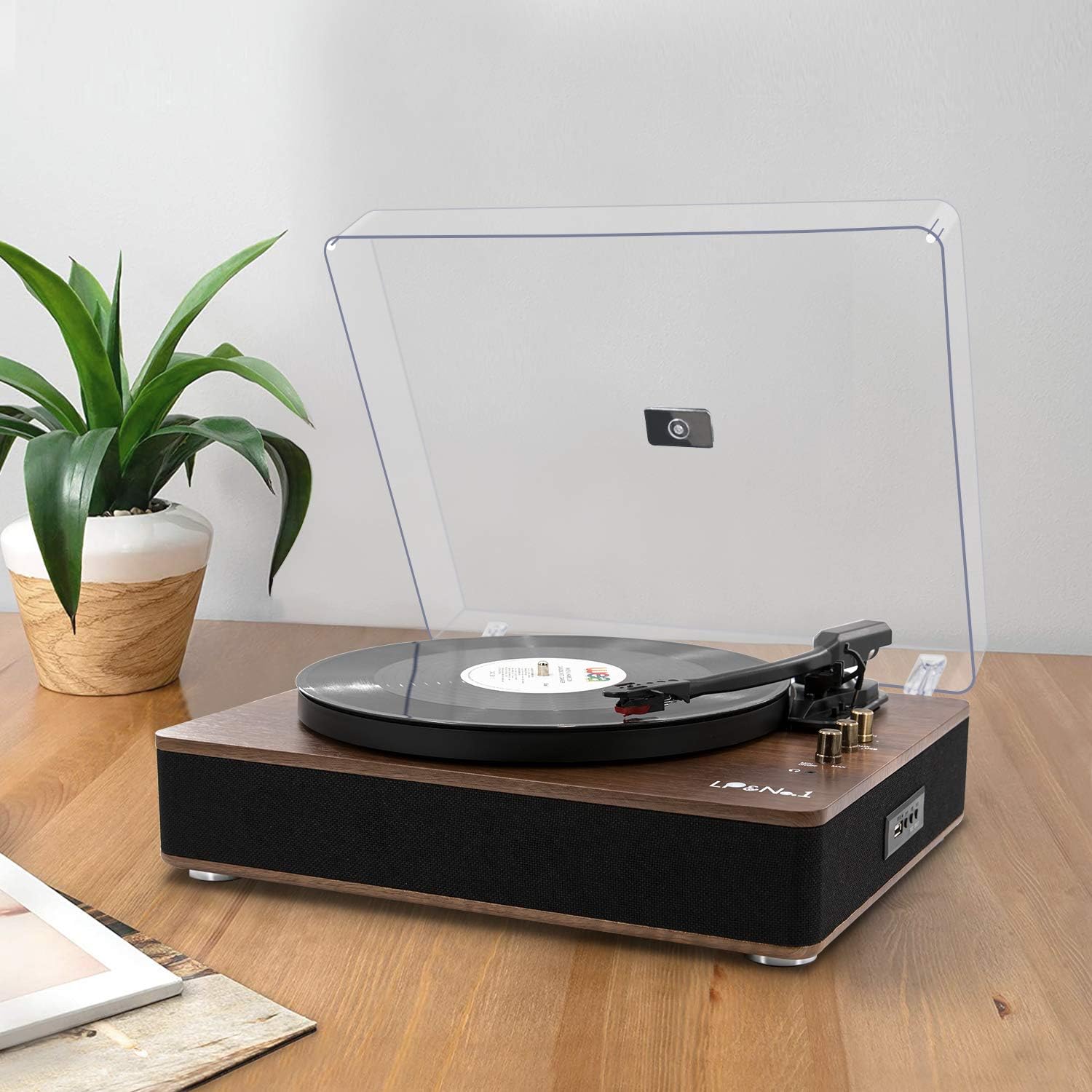 LP&No.1 Record Player with Stereo Speakers, 3-Speed Belt-Drive Turntable for Vinyl Records with Wireless Playback and Auto-Stop,Walnut Wood