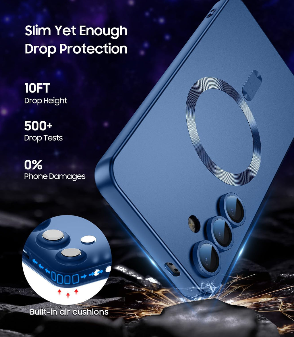 Magnetic for Samsung Galaxy S24 Case [Compatible with MagSafe][Built-in Camera Lens Protector] Slim Soft Silicone Bumper Shockproof Metallic Luster Phone Case (Blue)