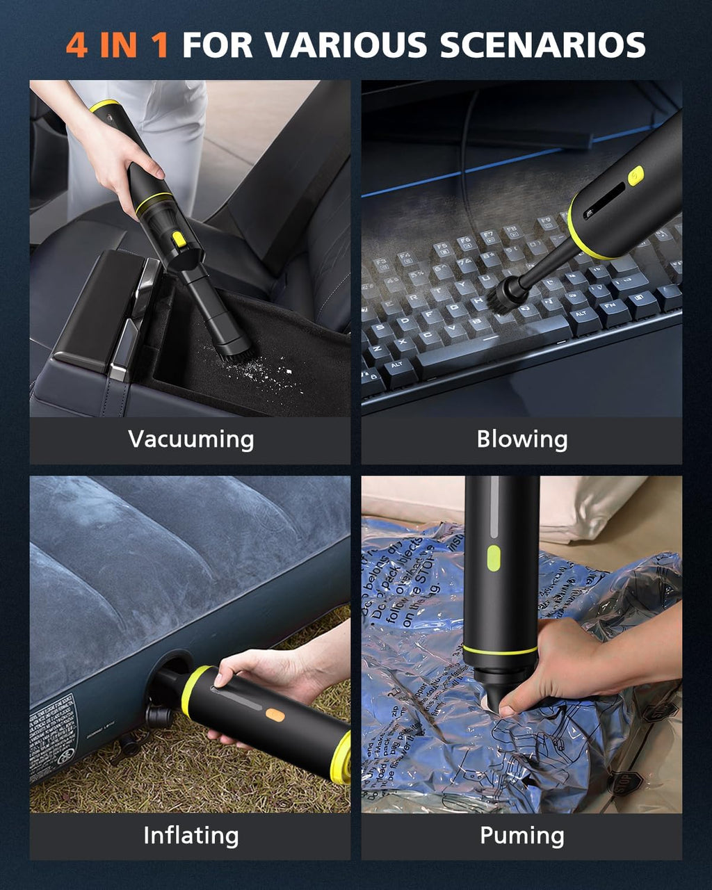 Car Vacuum Portable with 16000Pa Powerful Suction, Handheld Vacuum Cordless Rechargeable Blow & Suction 4 in 1, Small Vacuum Cleaner for Car, Home, Office, Outdoor (Black Yellow)