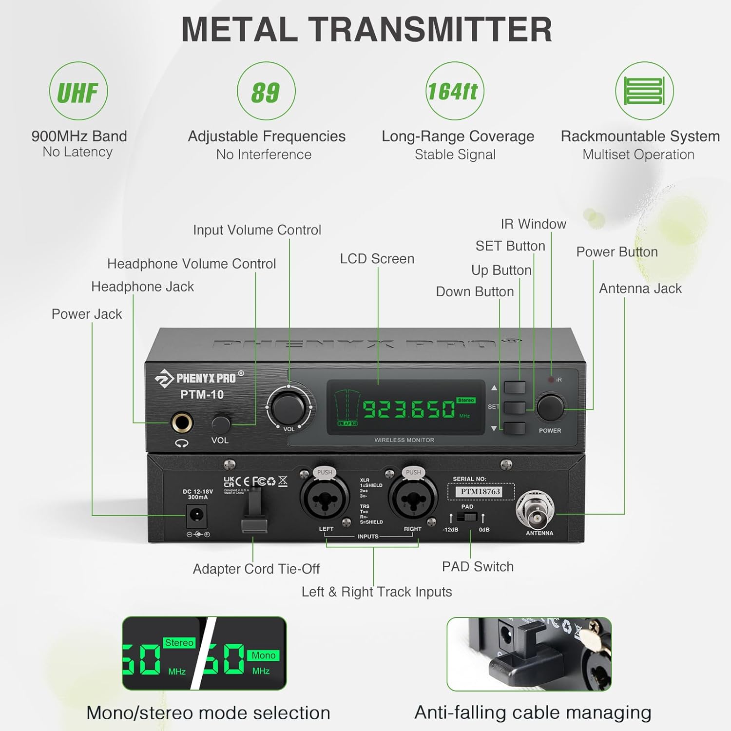 Phenyx Pro UHF Stereo Wireless in Ear Monitor System, Wireless IEM, 900MHz Band Selectable Frequency, Rack Mountable, 160 ft. Operation, Suitable for Stage, Studio, Exhibit, Lecture, Speech (PTM-10)