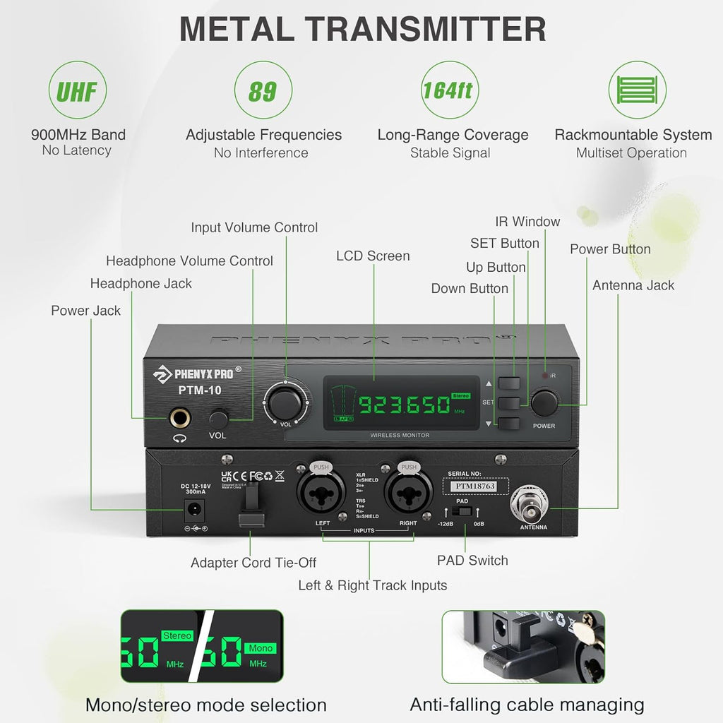 Phenyx Pro Wireless in-Ear Monitor System, Stereo IEM System with Rack Mount Kit, 89 Frequencies, 900MHz UHF Band, 164ft Range, Suitable for Stage & Studio (4 Bodypacks with Transmitter)