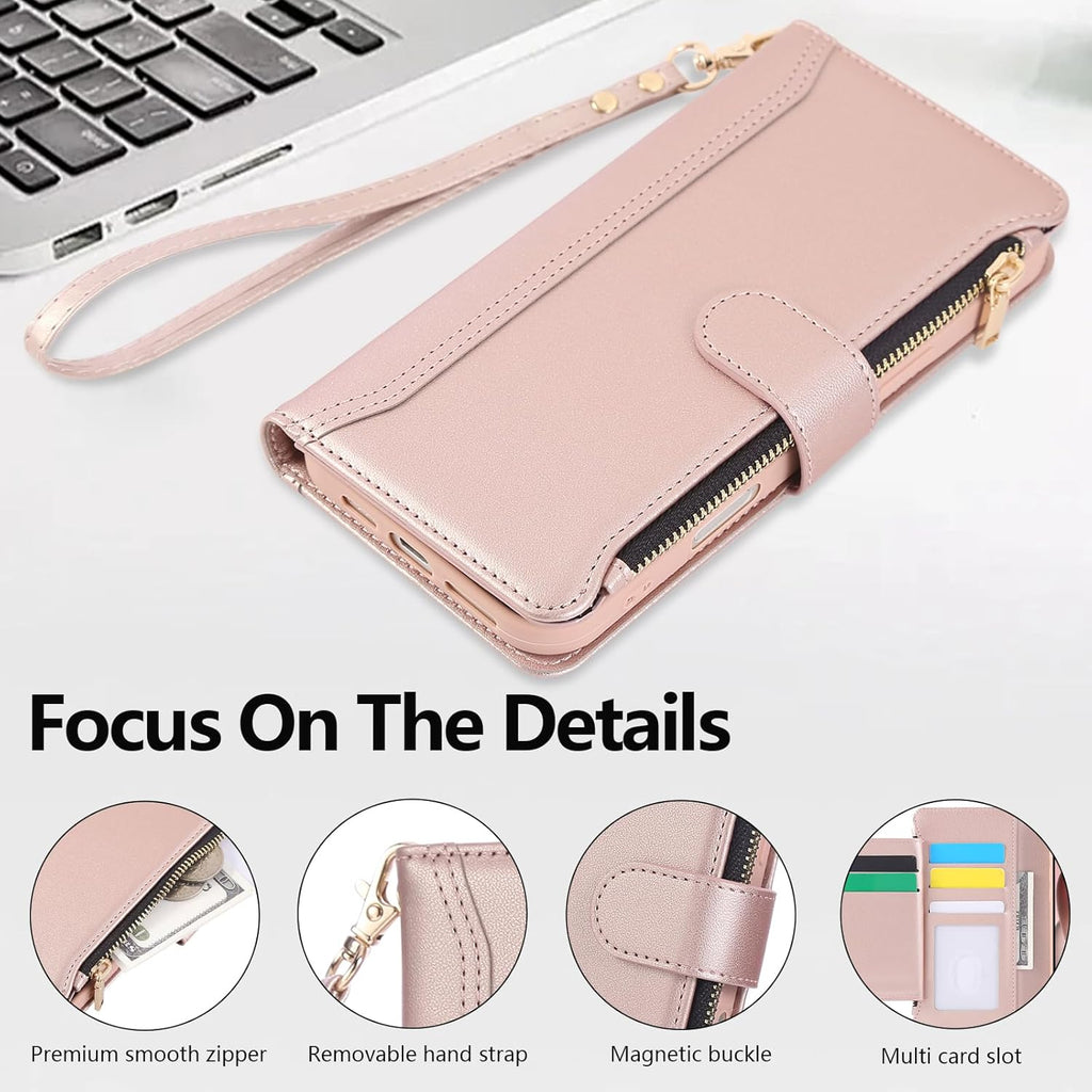 Compatible with iPhone 12 Pro Max Wallet Phone Case-PU Leather Magnetic Flip Cover with Credit Card Slots,Zipper Pocket & Detachable Wrist Strap,Shockproof Design,for Women and Men-Pink