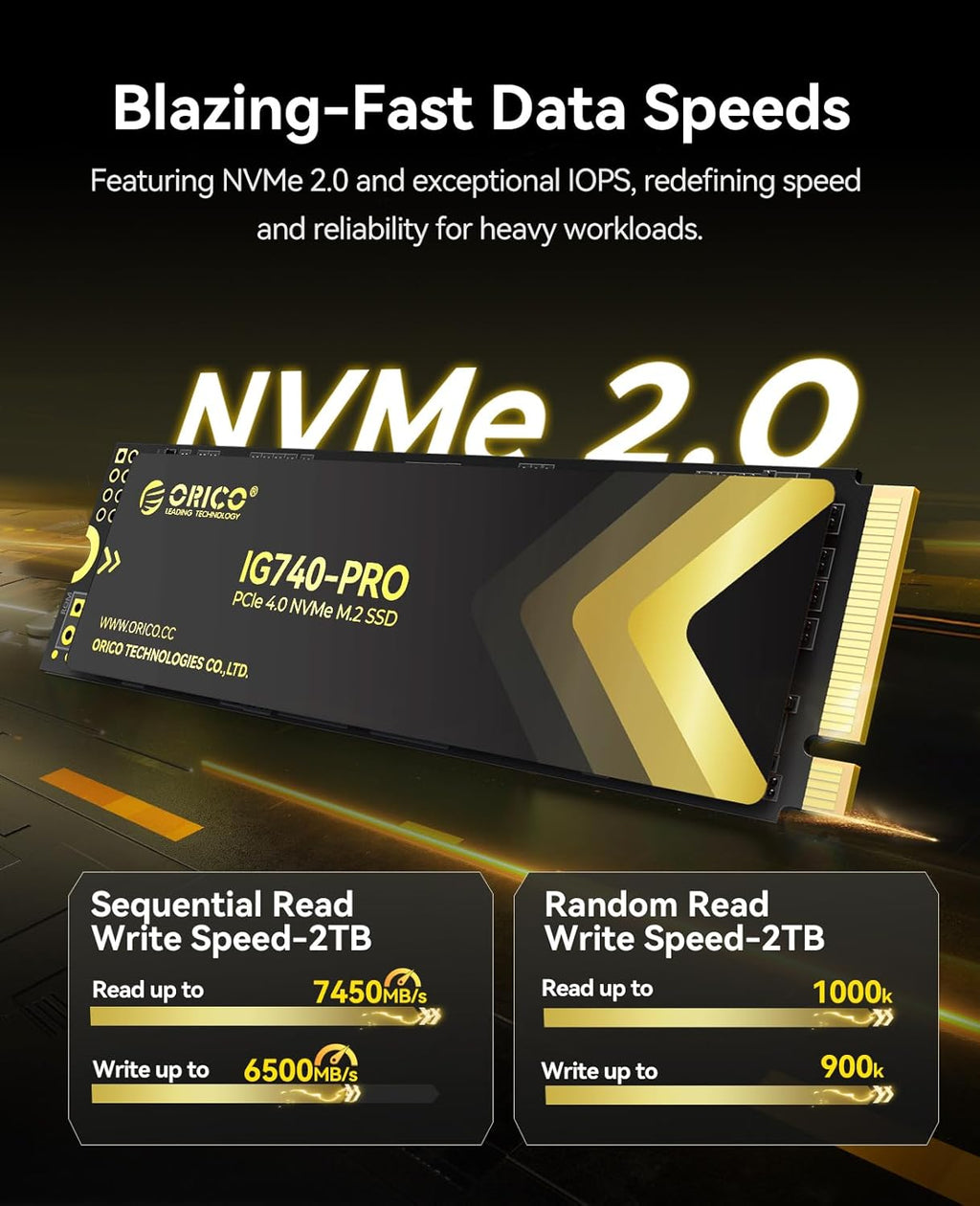 ORICO Industrial SSD 2TB M.2 NVMe SSD, PCIe 4.0 Drive with 7450MB/s Read Speed, TLC NAND, Advanced Data Security and Innovative Heatsink, for Industrial PC, Personal Laptop and PS5 - IG740PRO