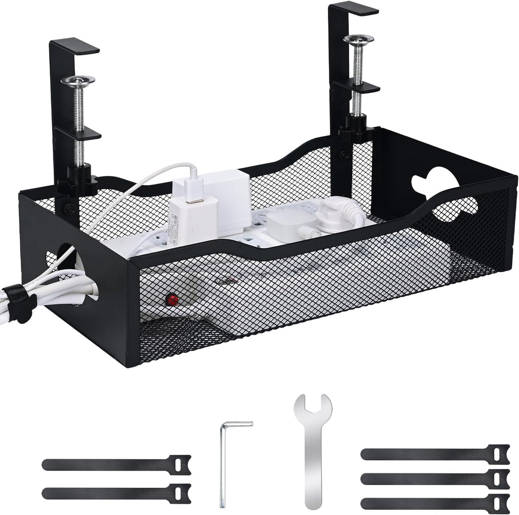 Large Under Desk Cable Management Tray - Heavy Duty Metal Cord Organizer with No Drill Installation for Office & Home Office Desks to Hide Wires & Power Strips (Black, XL)
