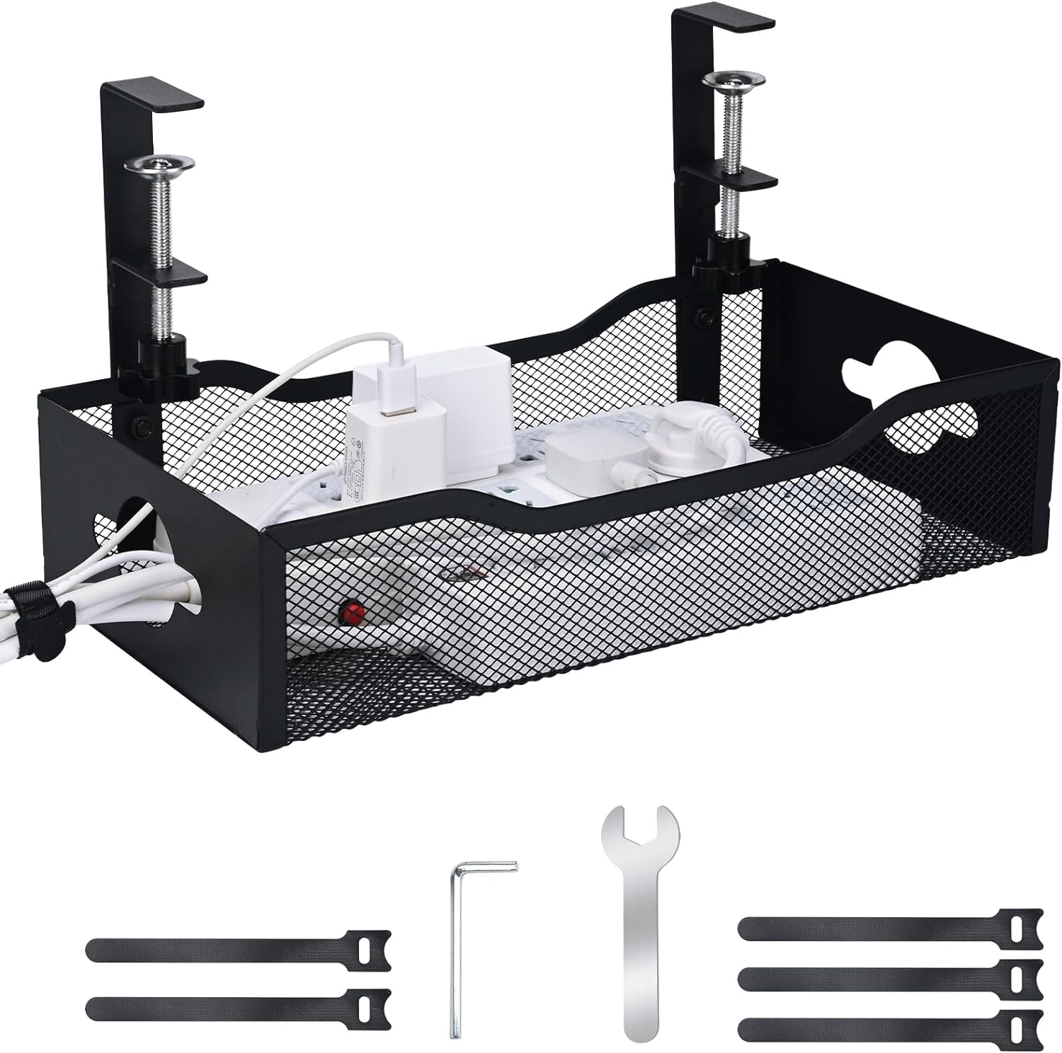 Large Under Desk Cable Management Tray - Heavy Duty Metal Cord Organizer with No Drill Installation for Office & Home Office Desks to Hide Wires & Power Strips (Black, XL)