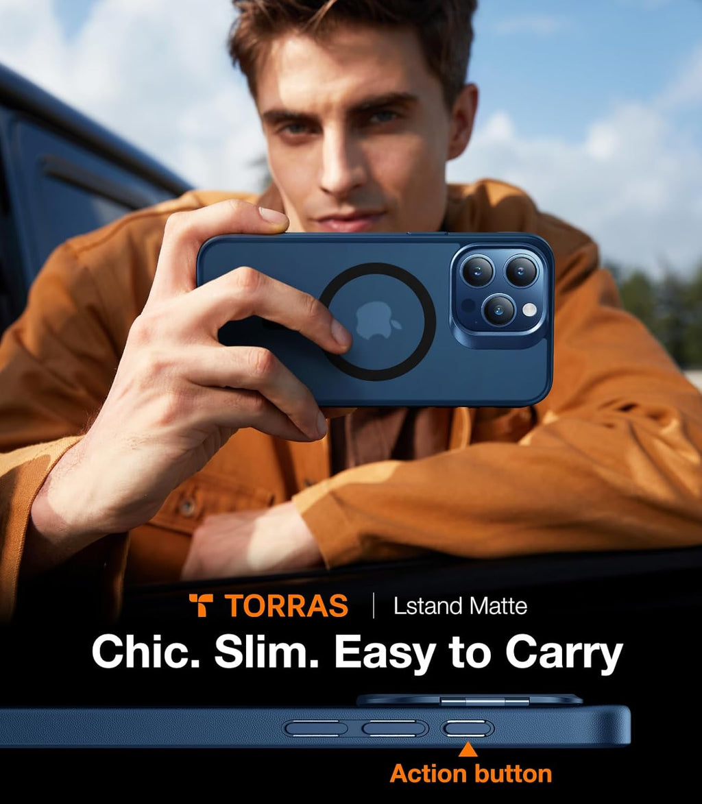 TORRAS Magnetic for iPhone 15 Pro Max Case [Compatible with MagSafe][Military-Grade Protection][Built-in Invisible Stand] Slim Hard Back Soft Edge, Blue Titanium