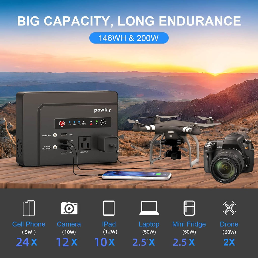 Powkey Portable Power Station 200W, 146Wh Portable Solar Generator Battery Pack with 2 Pure Sine Wave AC Outlets/4 USB A/1 DC Port, Lithium Battery Backup Power Supply for Camping Travel Outdoor Home