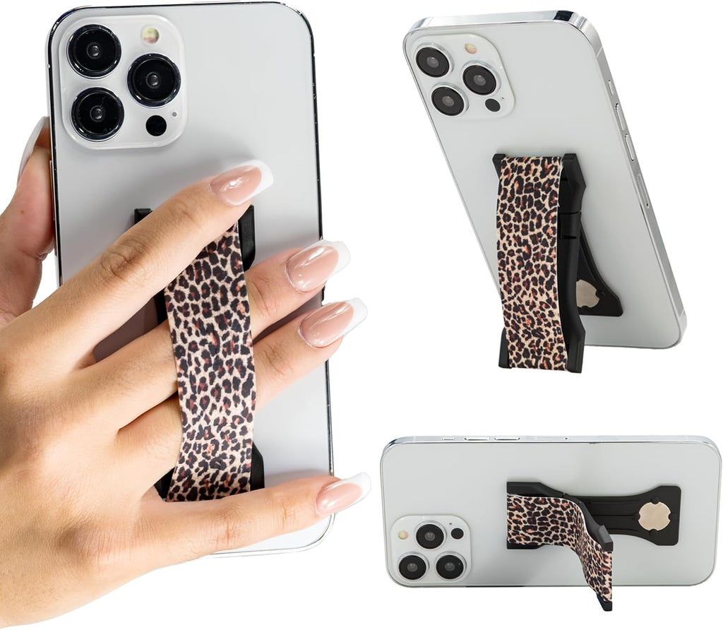 LOVEHANDLE PRO Premium Phone Grip - Silicone Phone Strap - Magnetic Phone Mount and Kickstand for Smartphone and Tablet - Leopard