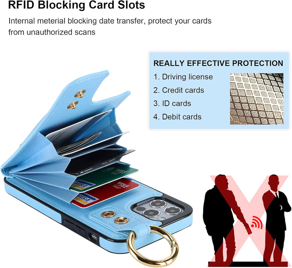 Folosu for iPhone 12/12 Pro Wallet Case with Card Holder, Hand Wrist Strap Loop Holder Kickstand, RFID Blocking Finger Grip Ring PU Leather Double Buttons Shockproof Cover 6.1" Blue