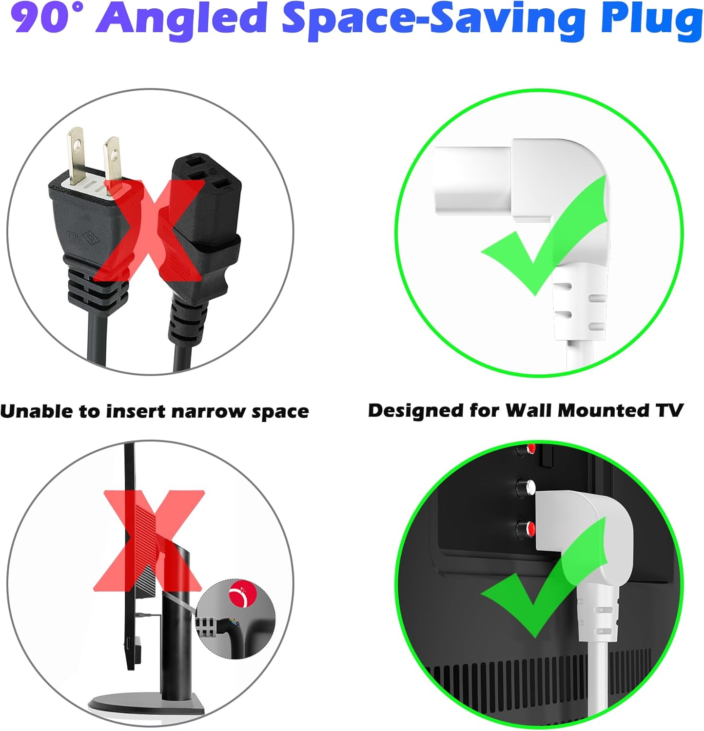 Adoreen 15 Ft Computer TV Replacement Power Cord White, 90 Degree Angled L-Shaped 18AWG 3-Prong AC Universal Power Supply Cable NEMA 5-15P to IEC 320 C13 for Printer, PC, Monitor TV LCD, ETL+Ties