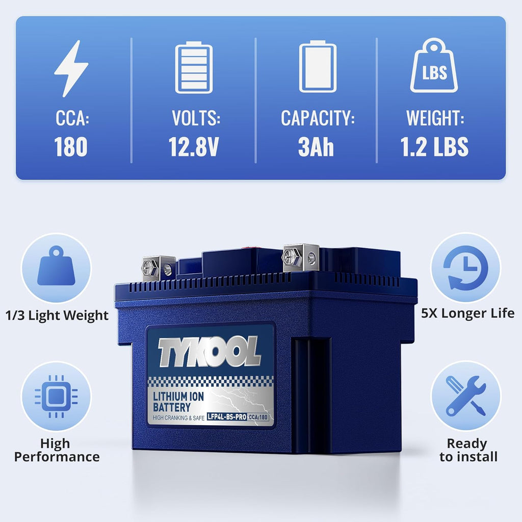TYKOOL YTX4L-BS-Pro High PerformanceLithium Motorcycle Battery,180CCA 12.8V 3Ah LiFePO4 Powersports Battery,Built-in BMS,for Dirt bikes,ATV,Scooter,4 wheeler,Hongda grom,Motocross,Riding Lawn Tractor