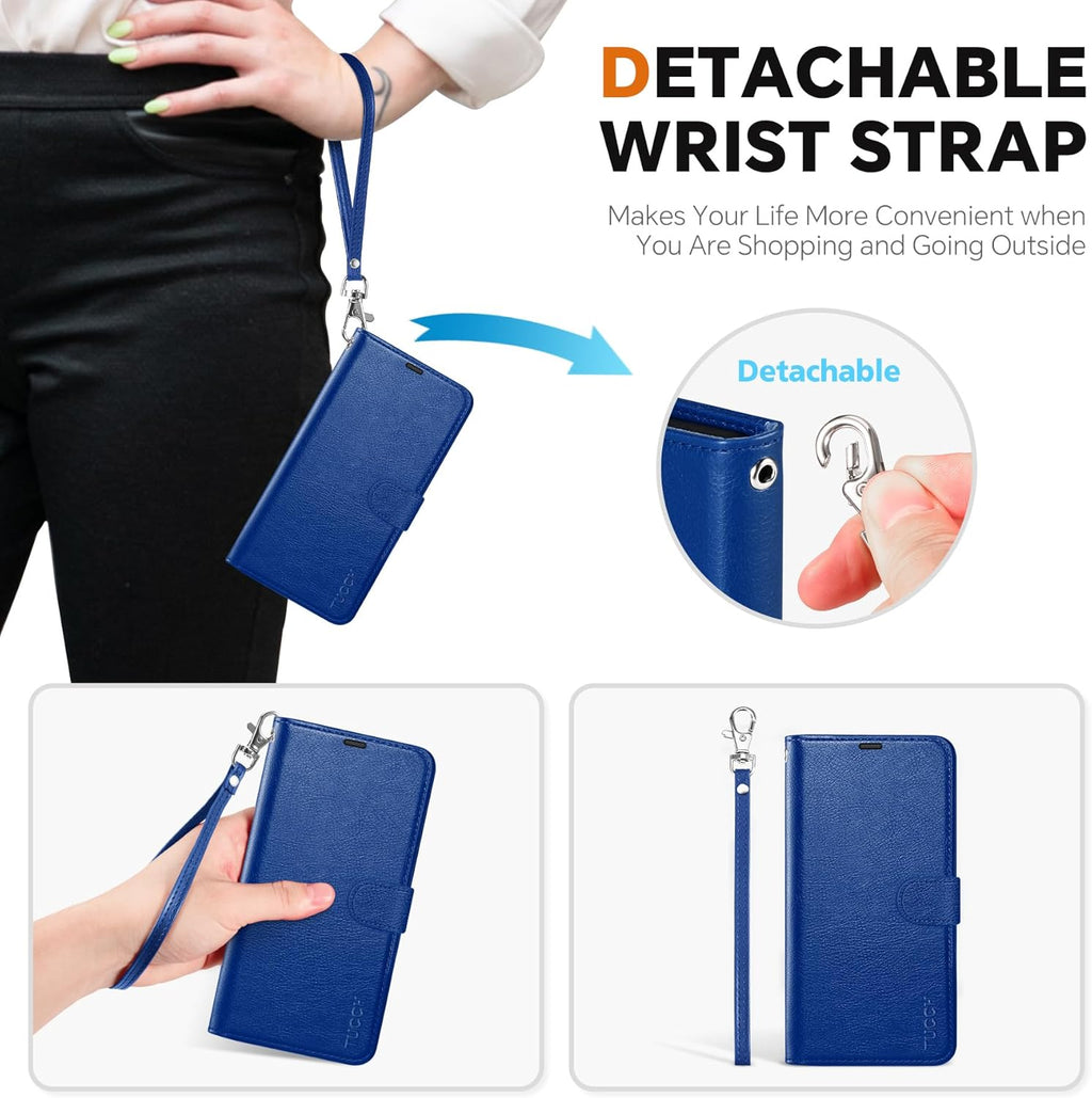 TUCCH Case Wallet for Galaxy S25 Edge, Removable [2 in 1] [Wireless Charging] Wrist Strap PU Leather Magnetic Stand RFID Blocking [4 Card Slots] Detachable Folio for Galaxy S25 Edge 6.7", Klein Blue