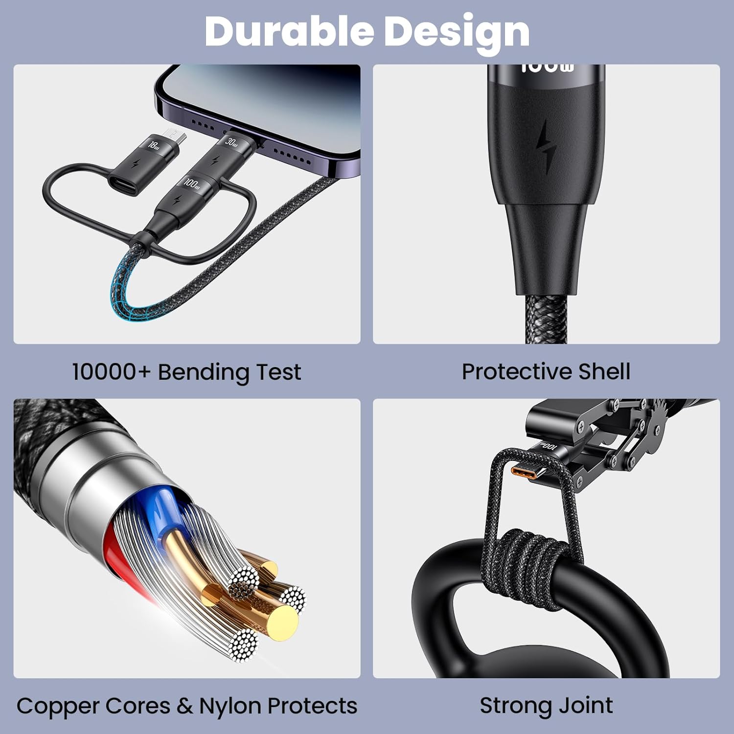 100W USB C Multi Charging Cable, USAMS 6.6FT 5-in-1 5A Fast Sync Charger Adapter Nylon Braided Type-C Cable for Laptop/Tablet/Phone and More