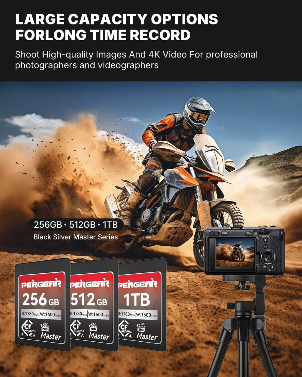 Pergear 1TB CFexpress 4.0 Type A Memory Card,up to 1780MB/S Read Speeds,USB4.0(PCIe 4.0),for Raw,8K 30P Recording,Compatible for Sony Camera,ILME-FX3,ILME-FX6,ILME-FX30 (Black Silver Master Series)