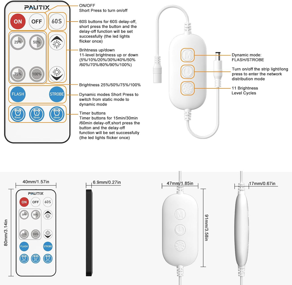 PAUTIX 2-Way RF WiFi Smart Remote Dimmer for Single Color LED Strip Lights,Work with Alexa and Google,14-Key Wireless Remote,DC 12-24V Controller for 3528/2835/5050/COB LED Strip Light(One to Two Way)
