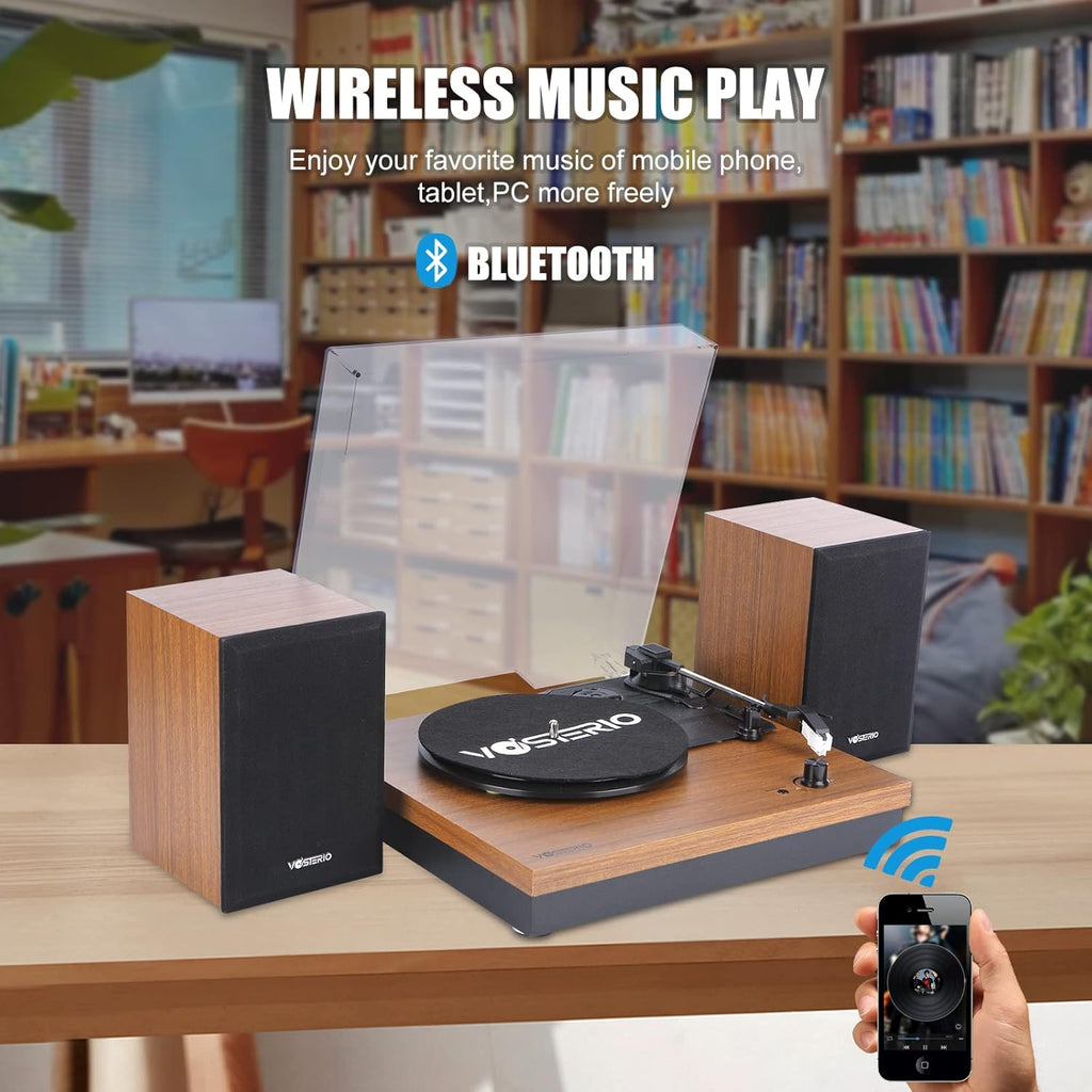 Bluetooth Record Player, 3-Speed Belt-Driven Turntable with Bluetooth Input& Output, Aux-in, Two 15W External Speakers, Retro Vinyl Player, Walnut