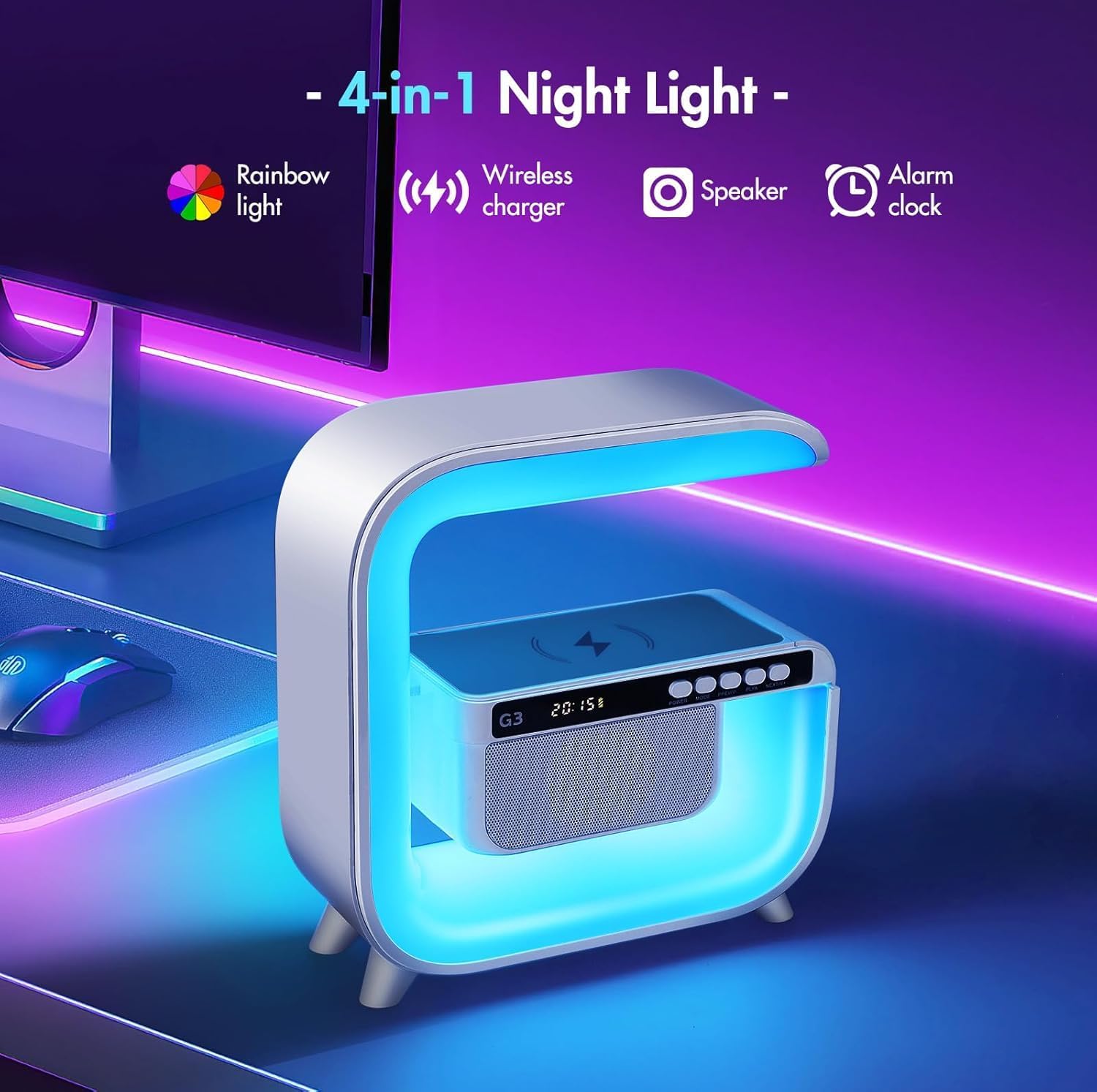 Table Lamp with Hi-Fi Bluetooth Speaker, Bedside LED Lamp with Up to 15W Qi Wireless Charger, Color Changing Mood Lamp with Alarm Clock, Desk Lamp for Bedroom, Nightstand, Home Decor, Gift - g3
