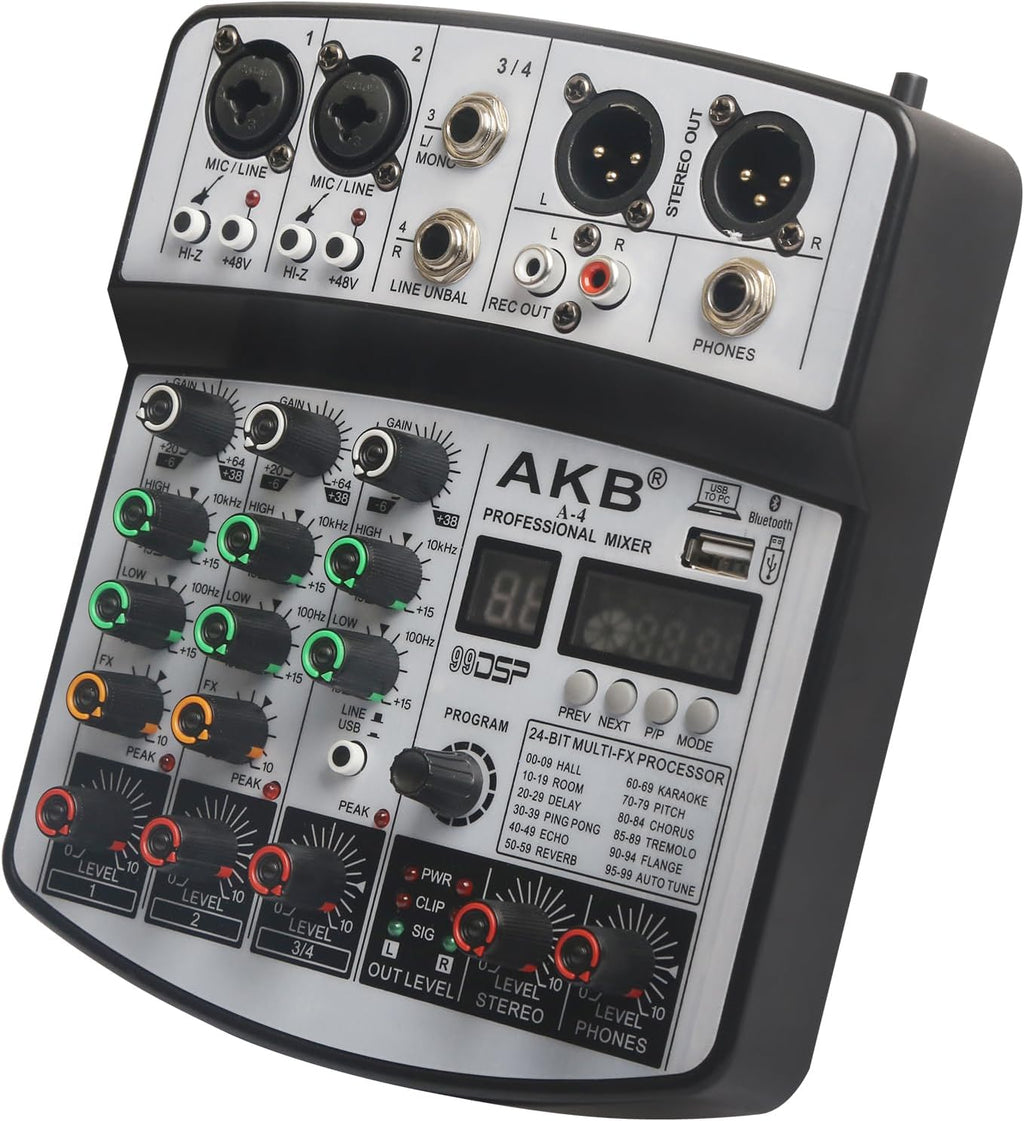 Dj Mixers 4 Channel Audio Mixer Sound Board with Bluetooth, Usb Audio Interface with 48V Phantom Power Sounds Mixer Board with 99 DSP FX Reverb Delay Effect