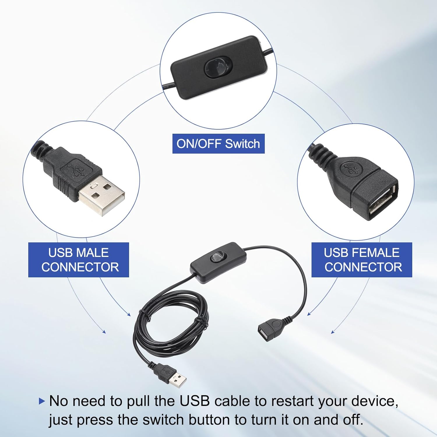 MECCANIXITY USB Extension Cable with ON/Off Toggle Switch 2m USB Male to Female Extension Cord for Desk Lamp Fan LED Light Strip Black Pack of 1