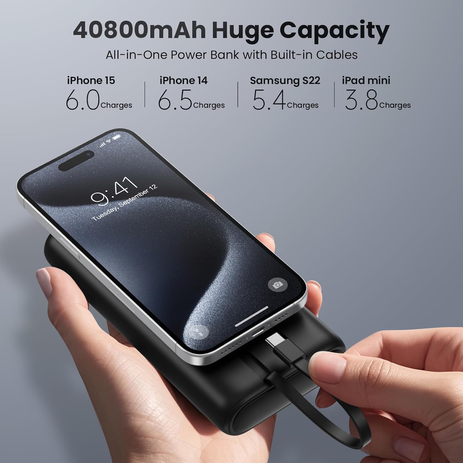 Upgraded Portable Charger 40800mAh Power Bank - Portable Battery with 2 Built in Cables,PD 25W USB C Fast Charging Battery Pack Compatible with iPhone 16 15 14 13 Android Phone etc-Black