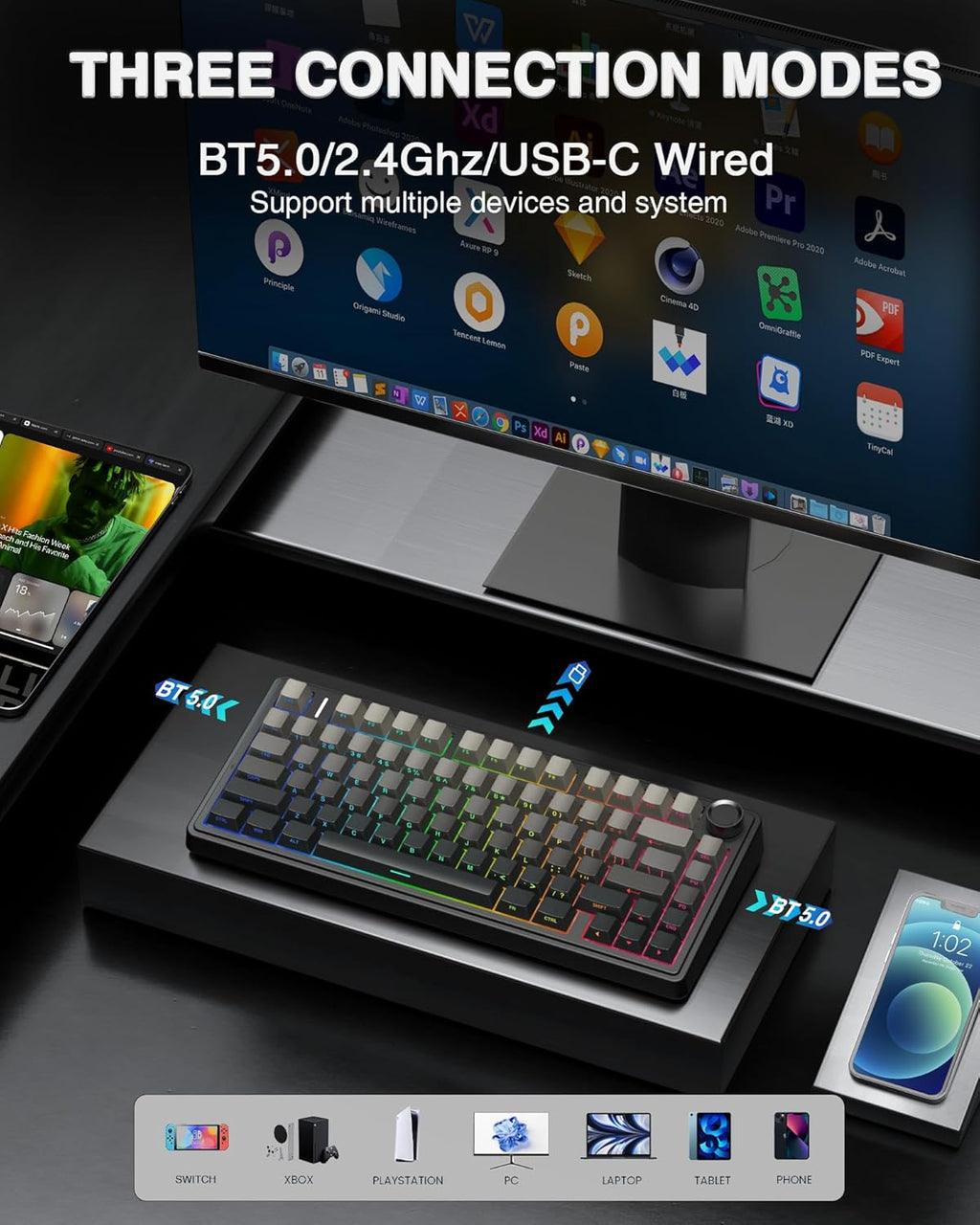 AULA F75 Pro Wireless Mechanical Keyboard,75% Hot Swappable Custom Keyboard with Knob,RGB Backlit,Pre-lubed Reaper Switches,Side Printed PBT Keycaps,2.4GHz/USB-C/BT5.0 Mechanical Gaming Keyboards