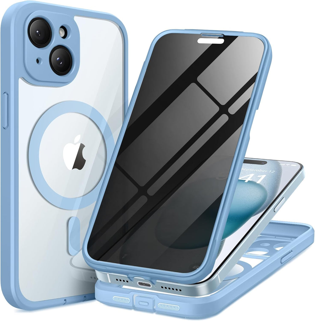 Magnetic for iPhone 15 Plus Case, Compatible with MagSafe, Built-in Privacy Screen Protector and Camera Protection, Anti Spy Full Body Dustproof Shockproof Hard Phone Case 6.7", Sky Blue