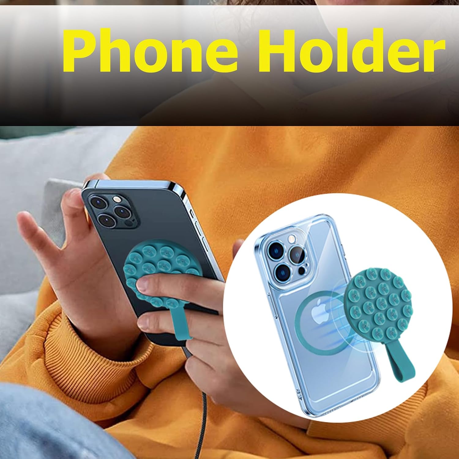Magnetic Suction Cup Phone Mount,Suction Phone Case Grip Stand Holder for MagSafe, Compatible with iPhone 15 Pro Max, Hands-Free Mirror Shower Phone Holder Accessory for TikTok Videos, Black