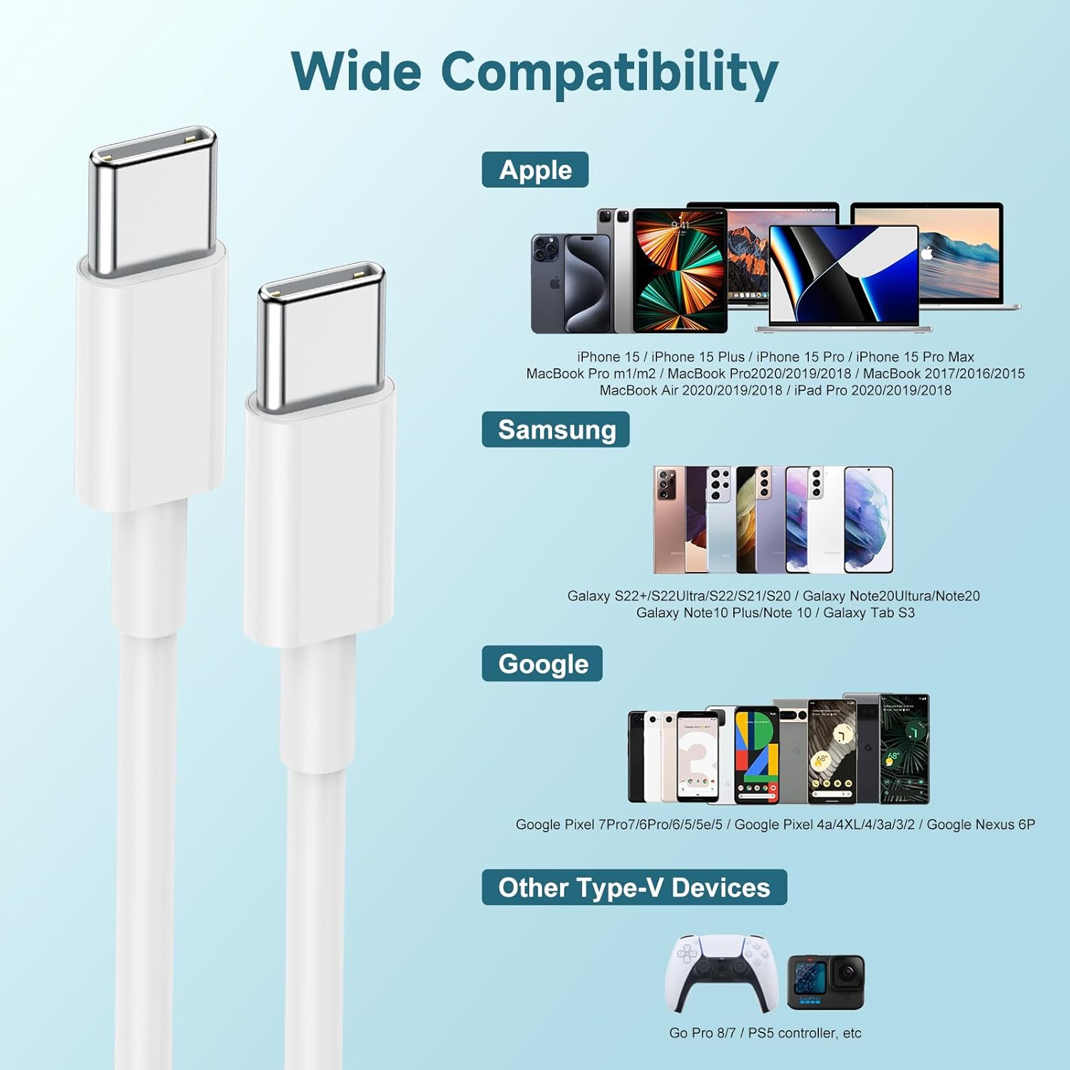 USB C to USB C Cable 60W[3Pack] iPhone 15 Fast Charging Cable,10ft Long USB-C to USBC Power Cord for iPhone 15/15 Pro/15 Plus/15 Pro Max,MacBook Pro Air/IPad Air 4/5/iPad Pro 12.9/11(White)