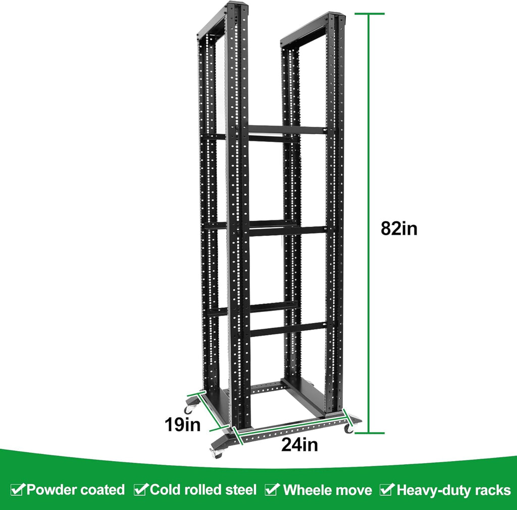 42U Server Rack/4-Post 19in Network Rack/Open Frame Rack with Wheels, Heavy-Duty Frame Cabinet/Adjustable Depth 24-22in GLOBALRACK，(4POST-800-42U)