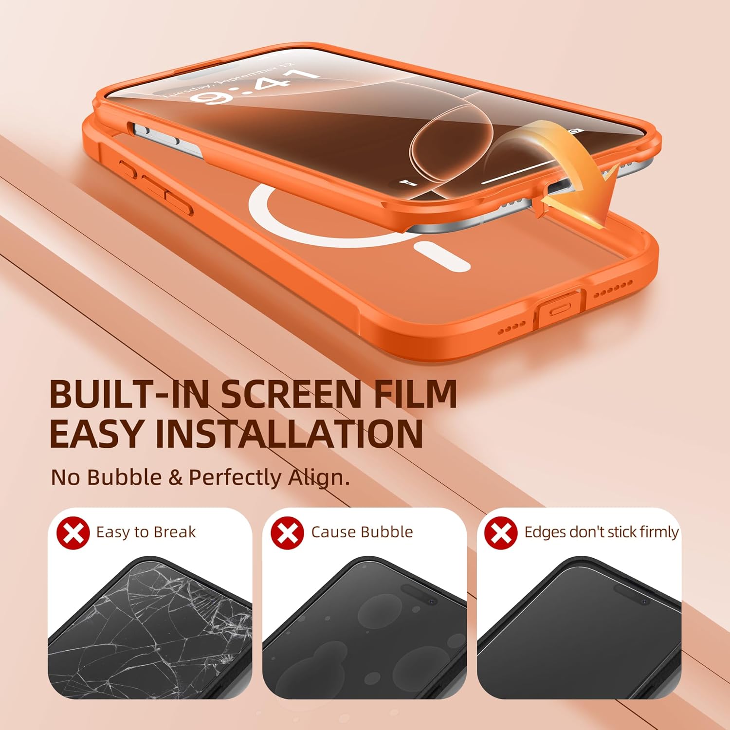 BERFY Magnetic for iPhone 16 Pro Max Case, Compatible with MagSafe, [Built-in 9H Tempered Glass Screen Protector & Camera Protection] Full Body Translucent Matte Phone case for 16 Pro Max, Orange