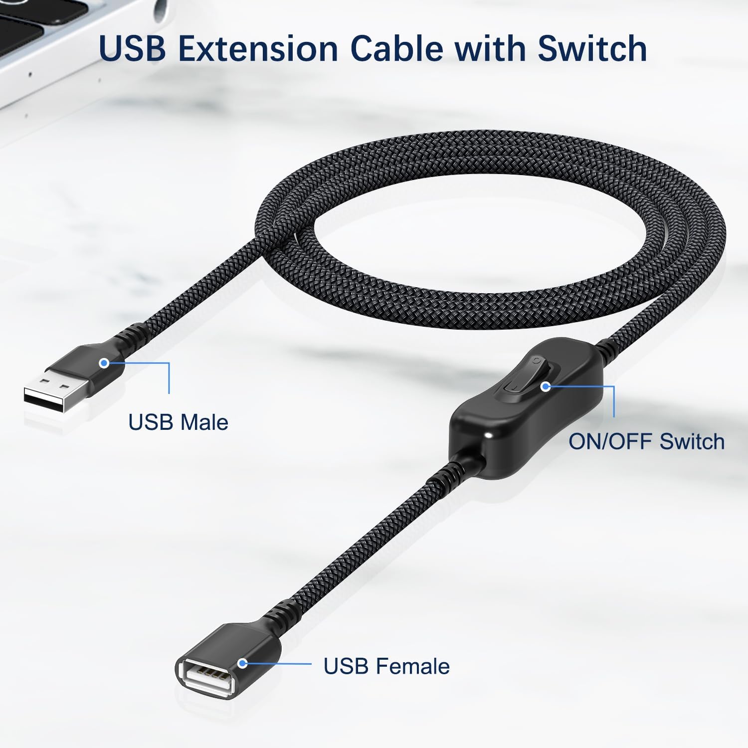 Itramax USB On Off Switch Cable 3.3FT,Inline USB Power Switch USBA Male to Female Extension Cord with Switch Upgraded Toggle Cable for PC,TV,Carplay,LED Strip,Desk Lamp,Fan,Light