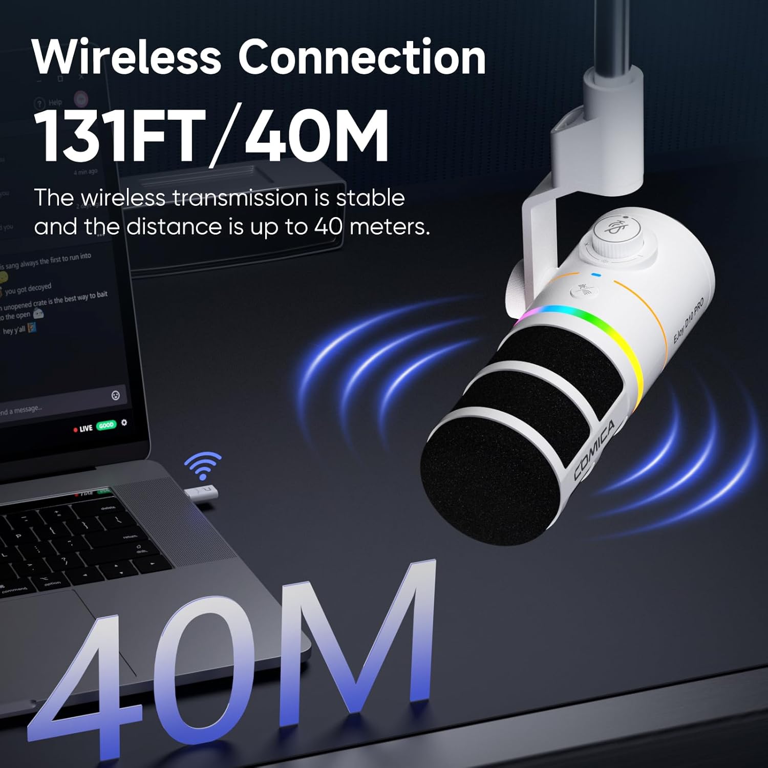 EJoy D10 PRO(A) USB Wireless Gaming Microphone – Boom Arm Mic with Wired/Wireless Modes, XLR/USB-C, Real-Time Monitoring, 45H Battery, RGB Dynamic Mic for Gaming, Streaming, Podcast, Recording (White)