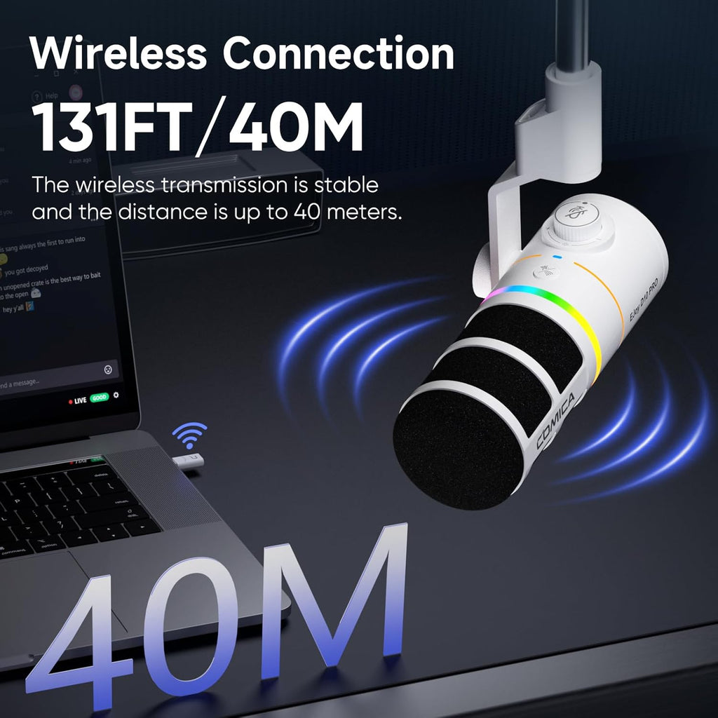 EJoy D10 PRO(D) Wireless USB Gaming Microphone – RGB Dynamic Mic with Wired/Wireless Modes, XLR/USB-C, Real-Time Monitoring, 45H Battery, Studio Mic for Gaming, Streaming, Podcast, Recording (White)