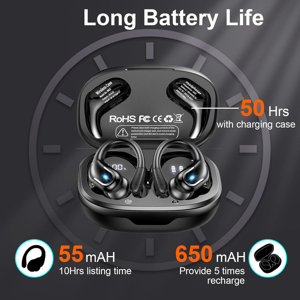 Ltinist Wireless Earbud, Bluetooth 5.3 Headphones Pure Bass Sound with Earhooks, 75H Battery Over Ear Headphones with Dual-LED Display, IP7 Waterproof Earphones Built-in Microphone for Running Sports