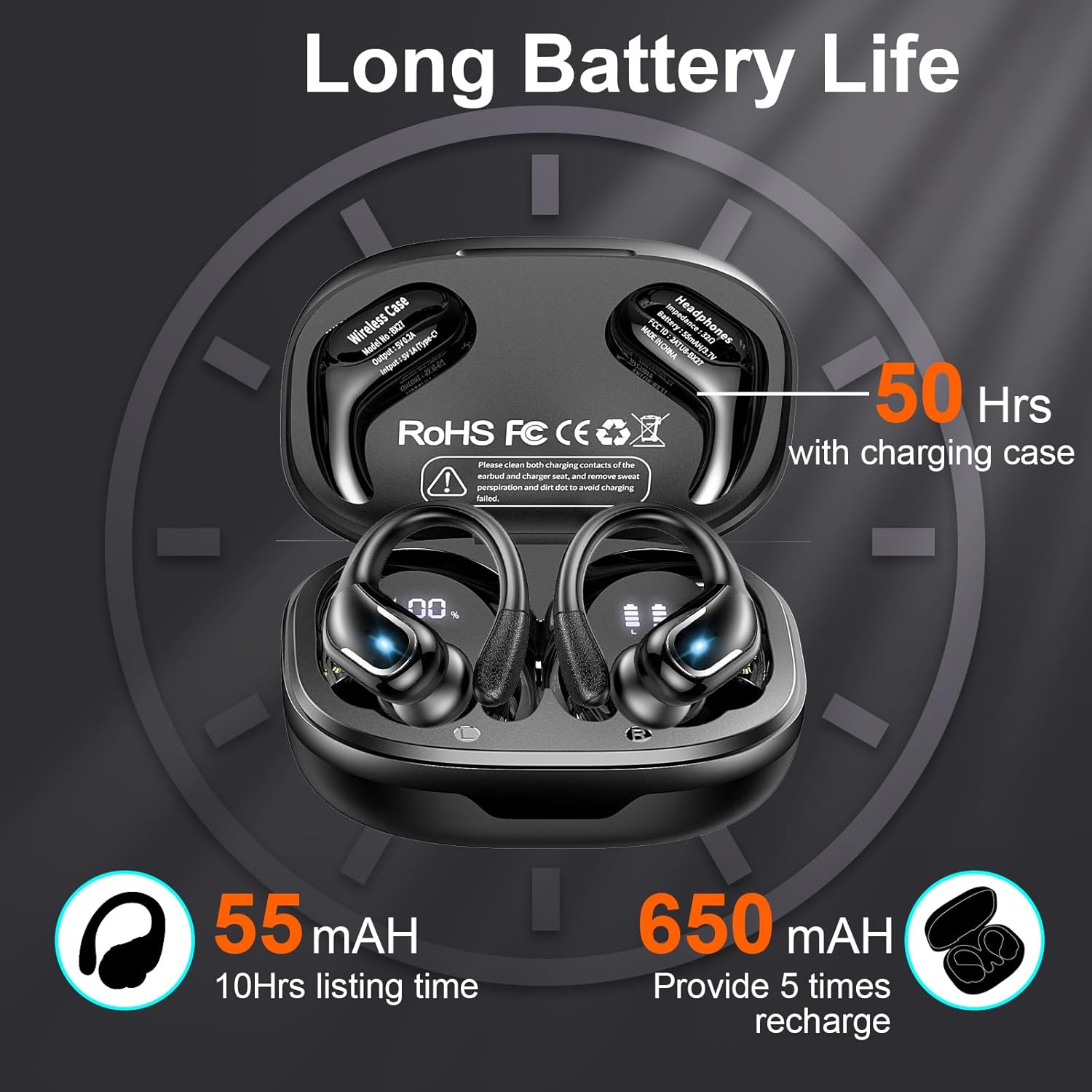 Ltinist Wireless Earbud, Bluetooth 5.3 Headphones Pure Bass Sound with Earhooks, 75H Battery Over Ear Headphones with Dual-LED Display, IP7 Waterproof Earphones Built-in Microphone for Running Sports