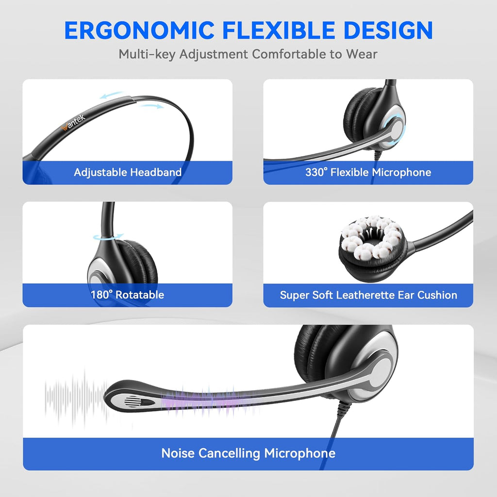 Wantek Computer Headset with Microphone for PC,Laptop,USB Headset with Noise Cancelling & Audio Controls,Computer Headphones for Call Center,Work,Ofiice,Mono