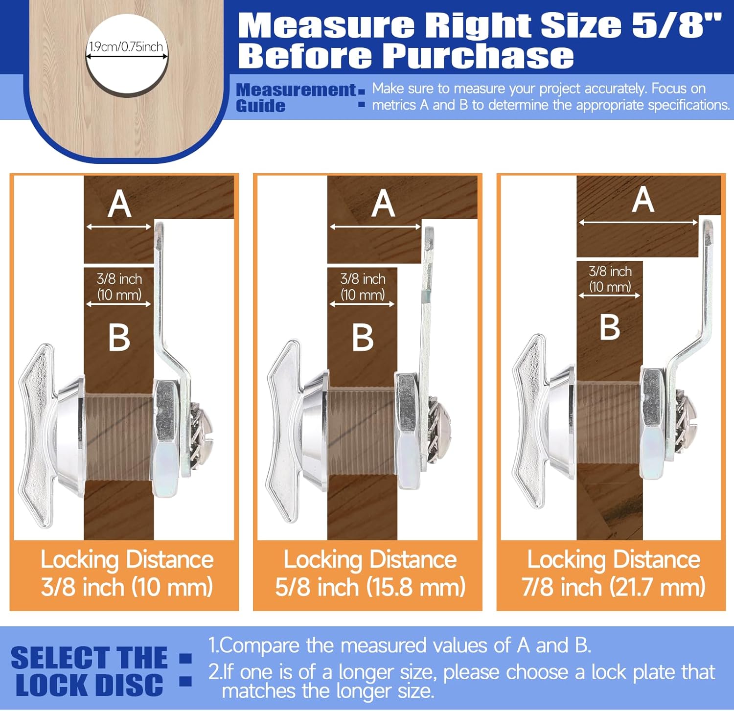 Thumb Operated Offset Cam Locks, 3/8", 5/8", 7/8" Keyless Cabinet Locks for RV Storage Doors, Camper Compartments, Mailbox Drawers, Zinc Alloy Rustproof Latch with Straight & Bent Locking Arms, 8-Set