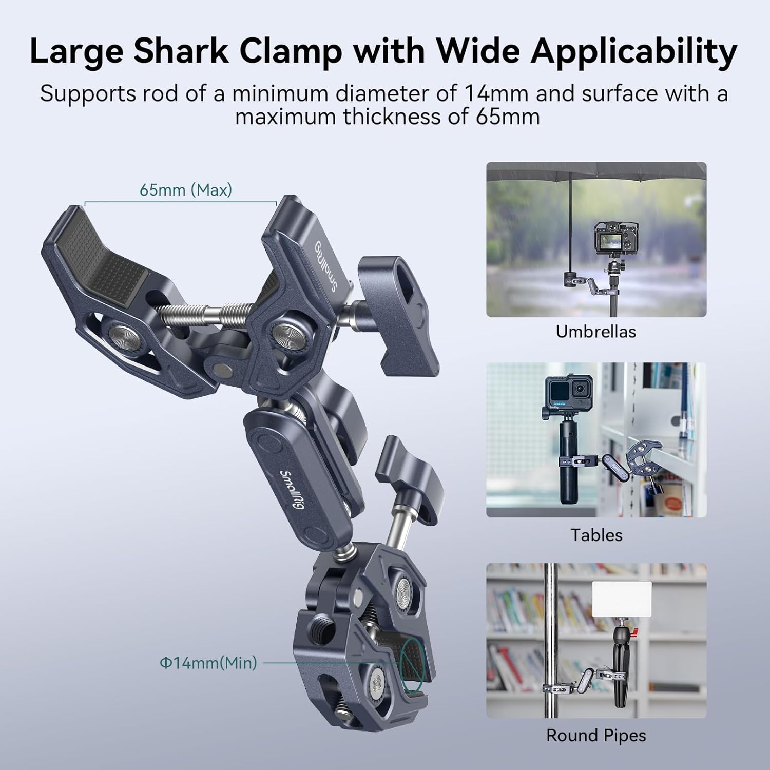 SMALLRIG Double Clamp Mount, Umbrella Clamp, Super Clamp Arm, for Chair, Pole, Tripod, C Stand, Handlebar, All Metal Max Load Capacity 3.5kg