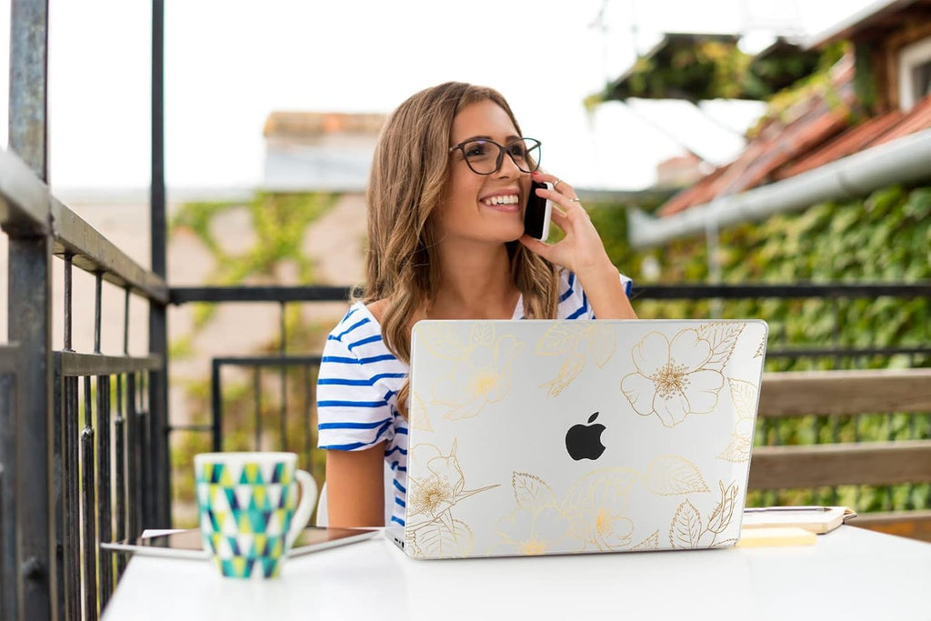Teryeefi for 2022 2020 MacBook Pro 13 inch Case M2/M1 Chip (Model A2338 A2289 A2251 with Touch Bar), Plastic Hard Shell Case & Keyboard Cover & Screen Protector, Gold Floral Leaf