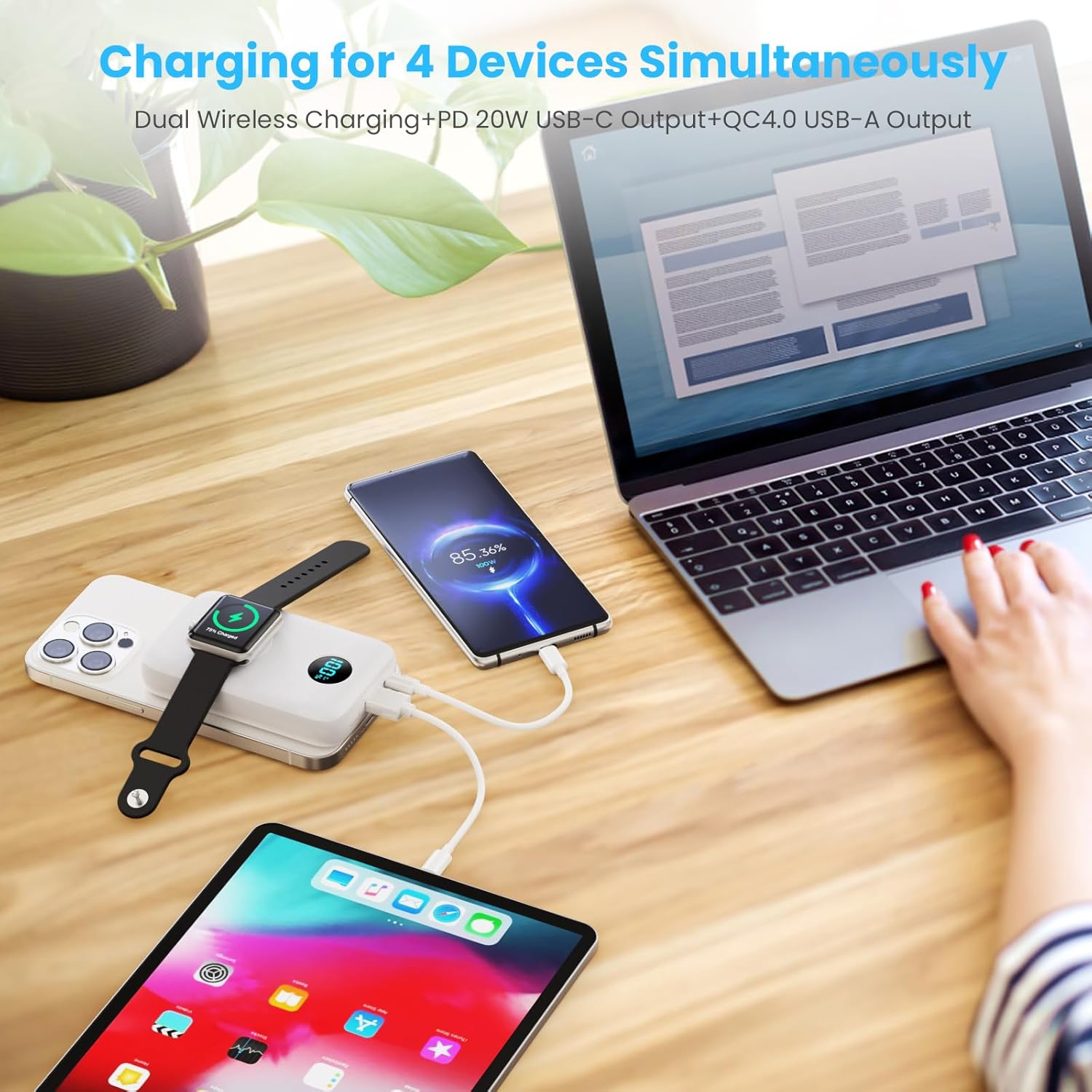 Magnetic Portable Charger 10800mAh,4-in-1 Wireless Power Bank with iWatch Charger, QC4.0+20W PD Fast Charging USB C Battery Pack with LCD Display for Magsafe,iPhone 16/15/14/13/12,Apple Watch (White)