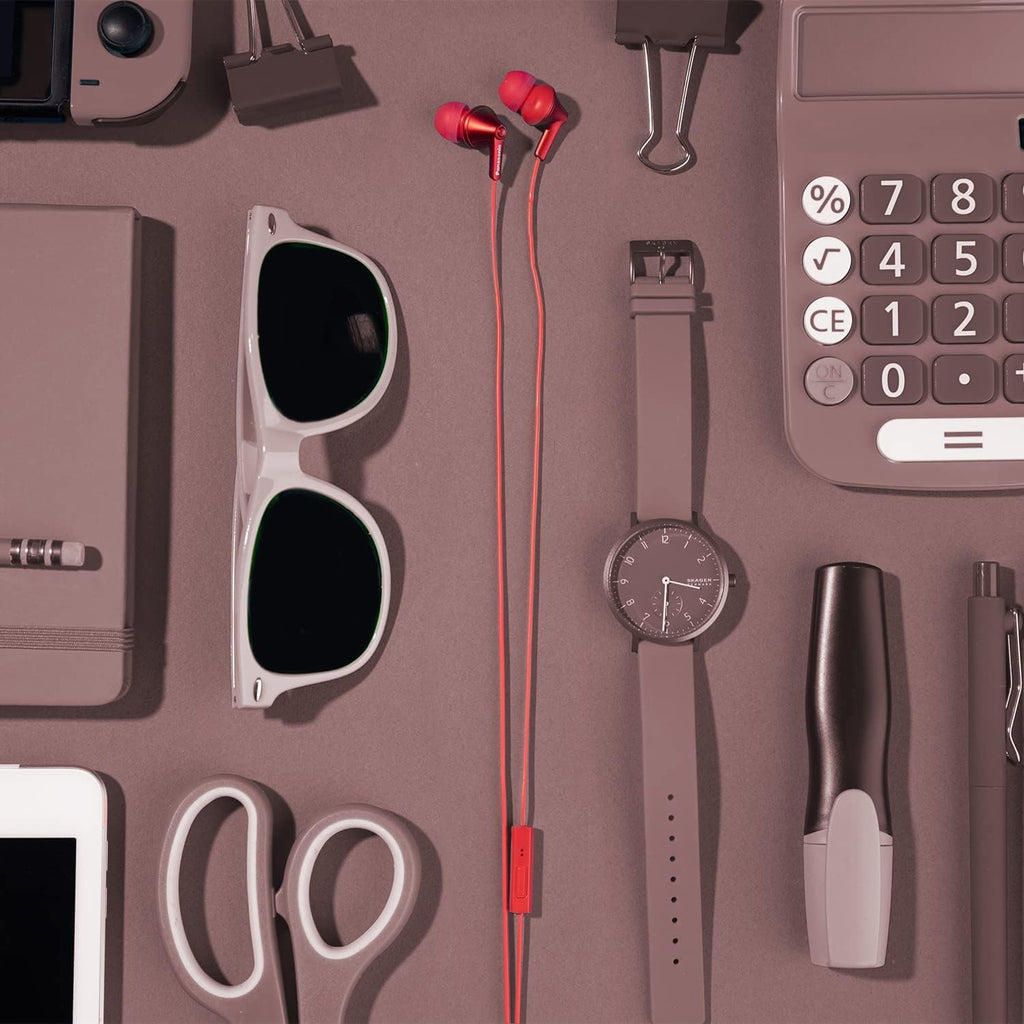 Panasonic ErgoFit Wired Earbuds with Microphone, 3.5mm Jack Headphones with Mic and Call Controller, Ergonomic Custom-Fit Earpieces (S/M/L), for Phones and Laptops - RP-TCM125-R (Red)