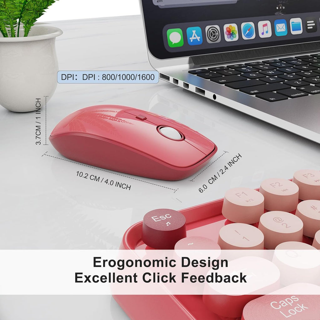 Wireless Keyboard and Mouse Combo, 104 Round Keys Cute Colorful Keyboard and Mouse with Retro Typewriter for PC/Mac/Laptop/Tablet/Computer/Windows Rose