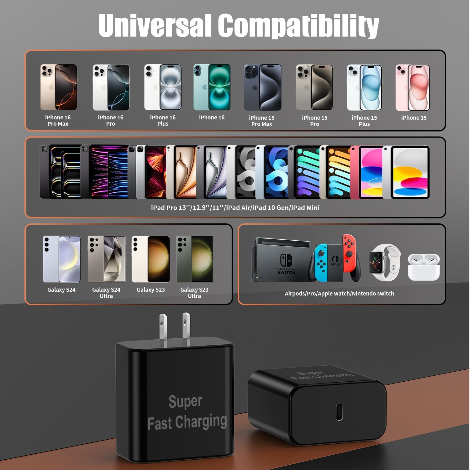 iPhone 16 Pro Max Charger Fast Charging, 45W Super Fast USB C Chargers for iPhone 16 15 6FT+6FT+10FT Type C Chargers Cord with Fast Charger Block for iPhone 16/15 Series/iPad/ GalaxyS24 Black